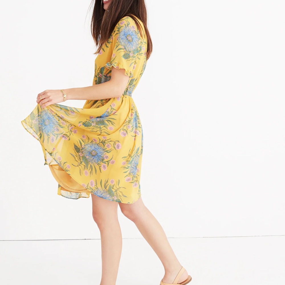 Madewell Sweetgrass Ruffle Sleeve Yellow and Blue Floral Mini Dress